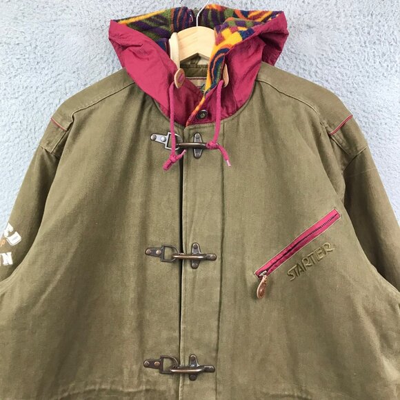 STARTER VINTAGAE‎ 90's Aztec Hood Rugged Forrest Green Thick Jacket Small - Picture 3 of 16